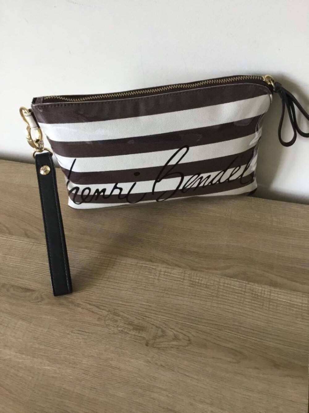 Henri Bendel Brown & White Striped Wristlet Clutch/Make Up Bag With Script Logo